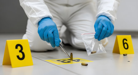 Close-up of a forensic scientist in a protective suit and gloves making a crime scene.の素材