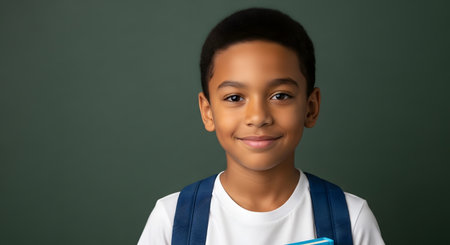 Portrait of a smiling african american schoolboy with backpackの素材