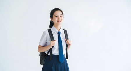 Portrait of a young asian female student carrying backpack on white backgroundの素材