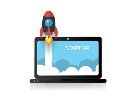 rocket start up launch on laptopのイラスト素材