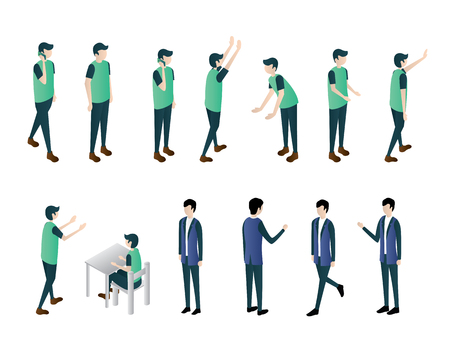 man isometric illustration vector set, walk call mobile sit stand bend look work illustration vector isometricのイラスト素材