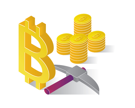 bitcoin isometric icons with ico blockchain concept, safe bitcoin, cryptocurrency mining, startup project isolated vector illustrationのイラスト素材