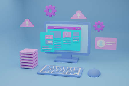 Software and web development with 3d shapes, bar chart, infographic on blue background. 3d renderingの写真素材