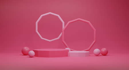red and pink podium on pink background 3d rendered. empty podium for product 3d renderの写真素材