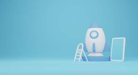 start up business project with rocket and mobile phone 3d render illustrationの写真素材