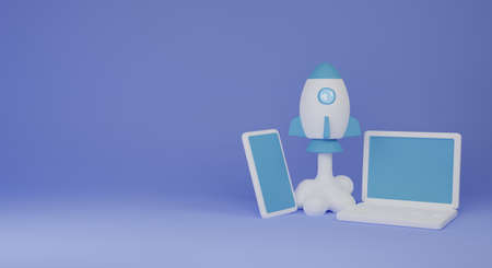 start up business project with rocket and mobile phone 3d render illustrationの写真素材