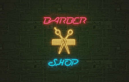 barber shop neon light , realistic multicolored extra glowing fontの写真素材