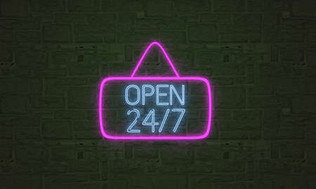 open 24 hours neon light , realistic multicolored extra glowing fontの写真素材