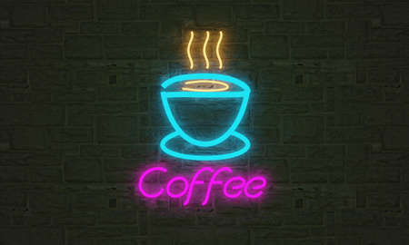 coffee neon light , realistic multicolored extra glowing fontの写真素材