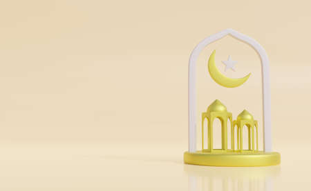 Ramadan Kareem 3d illustration with copy space.Traditional religious symbol crescent, hanging lanterns, gold confetti. Ramadan Kareemの写真素材