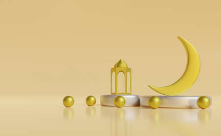 Ramadan Kareem 3d illustration with copy space.Traditional religious symbol crescent, hanging lanterns, gold confetti. Ramadan Kareemの写真素材