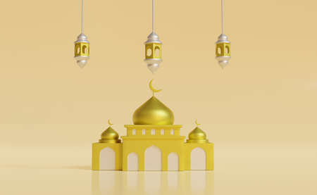 Ramadan Kareem 3d illustration with copy space.Traditional religious symbol crescent, hanging lanterns, gold confetti. Ramadan Kareemの写真素材