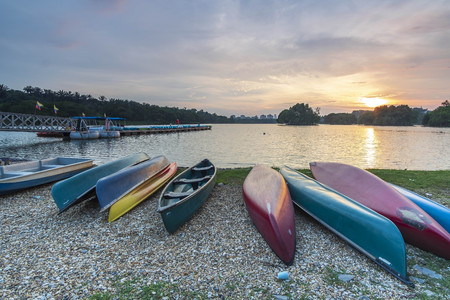 Stranded canoe near the lakeの写真素材