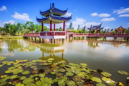 Reflection of chinese architecture design at the Melati lakeの写真素材