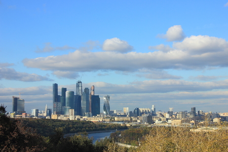 The view of Moscow from Vorobyev Hill with the skyscrapers of International Business Centre dominates the city's skyline.の写真素材