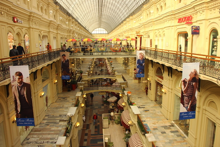 Moscow, Russia. October 13 2015. The view of arched glass roofed and elongated shop galleries of Communist Era GUM Department Store in Moscow are still impressive even in today modern era.のeditorial素材