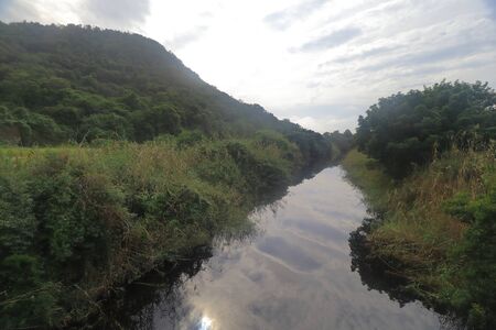 The Touws River or Touwsrivier with reflection of sky on it's surface as it flows through the bushes and forest in Wilderness National Park along the Garden Route in South Africa.の写真素材