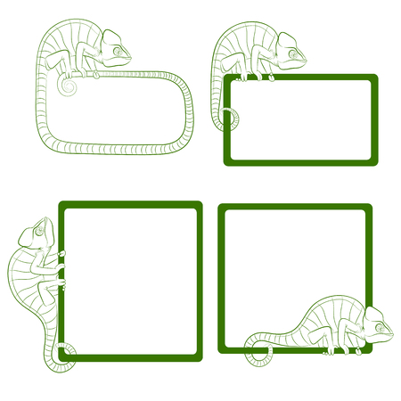 Set of icons with green chameleon. Isolated objects on a white background. Vector illustration.のイラスト素材