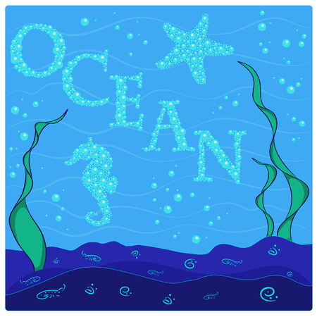 The underwater world of fish, plants, inscription of the bubblesのイラスト素材