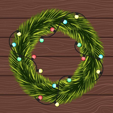 Wreath of Christmas tree branches with a garland on the background of boards.のイラスト素材