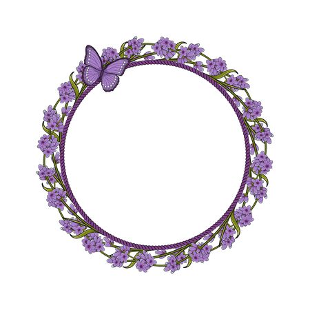 Round frame with lavender flowers and butterfly.のイラスト素材