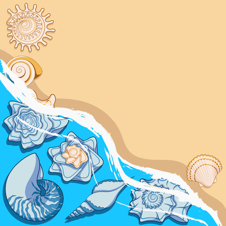 Background with sea shells and surf. Marine vector color background.のイラスト素材
