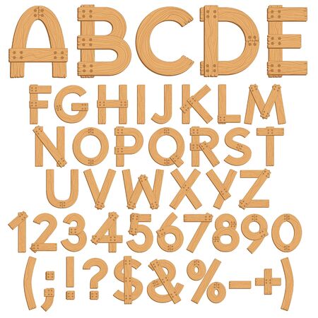 Alphabet, letters, numbers and signs from wooden boards. Isolated vector objects on white background.のイラスト素材