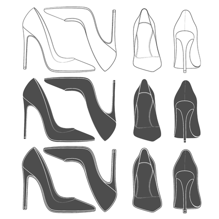 Set of images of female shoes on the heel. Isolated vector objects on white background.のイラスト素材