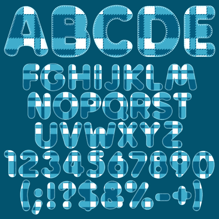Alphabet, letters, numbers and signs from blue felt. Isolated objects on white background.のイラスト素材