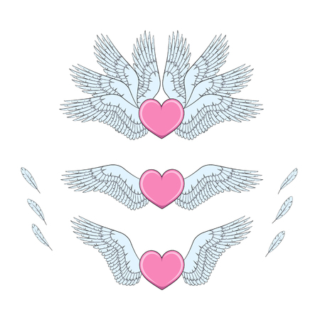 Set of pink hearts with white wings. Isolated vector objects on white background.のイラスト素材