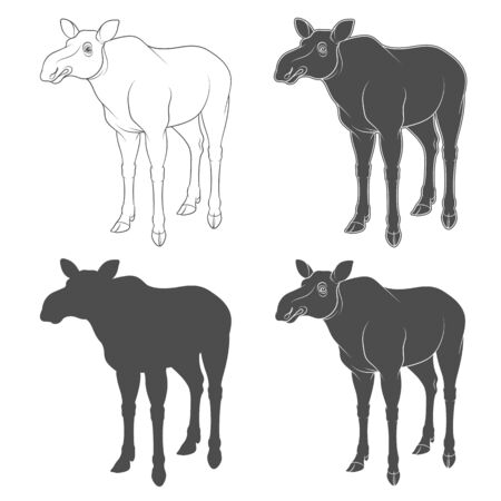 Set of black and white images with a moose. Isolated objects on white background.のイラスト素材