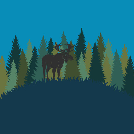Forest landscape with elk and forest of fir trees. Vector color background.のイラスト素材
