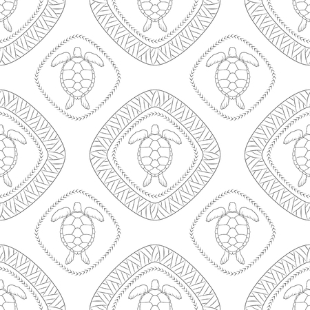 Seamless pattern with turtle and polynesian symbols. Vector illustration.のイラスト素材
