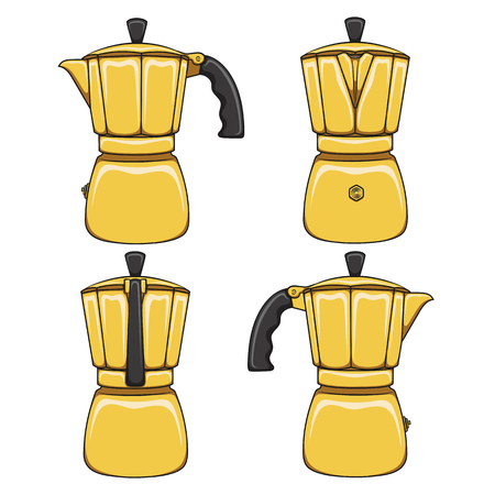 Set of illustrations of golden geyser coffee makers. Isolated vector colored objects on white background.のイラスト素材