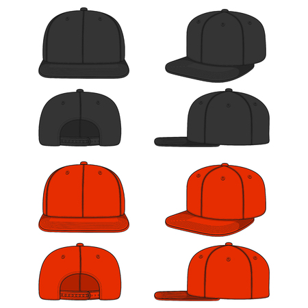 Set of color images of rapper cap with a flat visor, snapback. Isolated vector objects on white background.のイラスト素材