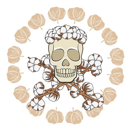Skull buds with crossed cotton branches. Isolated vector objects on white background.のイラスト素材