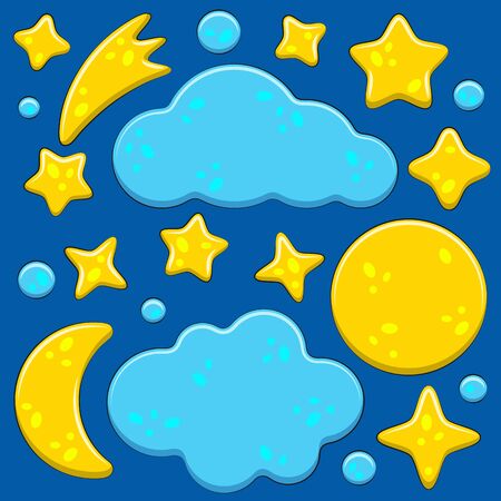Set of bright images with the night sky, moon, stars, clouds. Isolated color vector objects.のイラスト素材