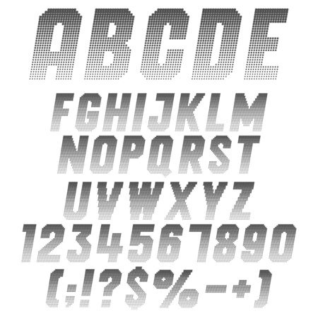 Alphabet, letters, numbers and symbols from pixels. Set of isolated vector black and white objects on a white background.のイラスト素材