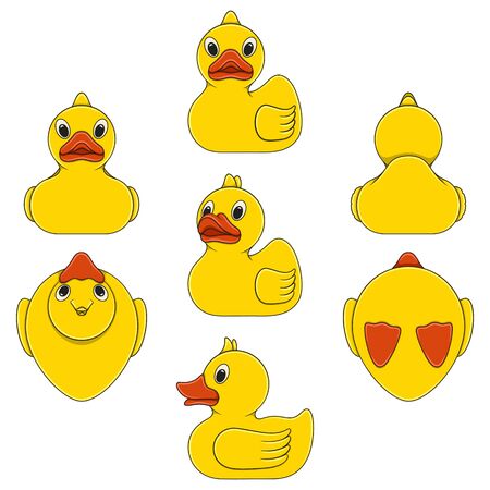Set of color illustrations with toy yellow duck. Isolated vector objects on a white background.のイラスト素材
