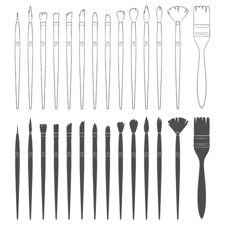 Set of black and white illustrations with brushes for painting. Isolated vector objects on a white background.のイラスト素材