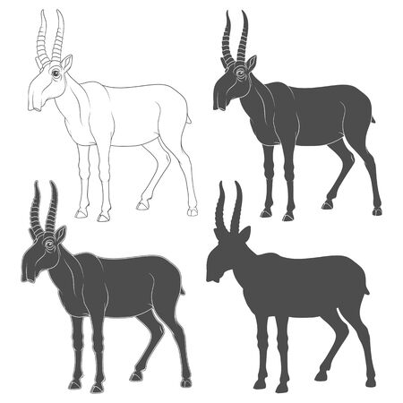 Set of black and white illustrations depicting a saiga antelope. Isolated vector objects on a white background.のイラスト素材
