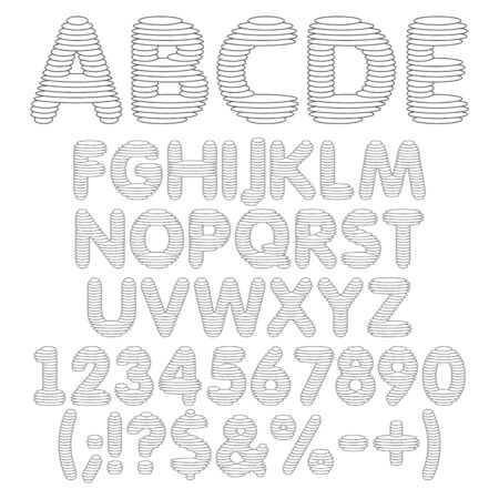 Black and white alphabet, letters, numbers and signs from round layers. Set of vector isolated objects on a white background.のイラスト素材