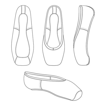 Set of black and white illustrations with pointe shoes, ballet shoes. Isolated vector objects on a white background.のイラスト素材