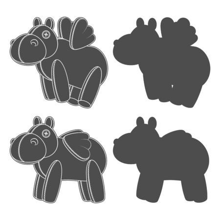 Set of black and white illustrations, silhouettes with a toy hippo with wings. Isolated vector objects on a white background.のイラスト素材