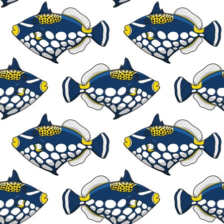 Seamless pattern with clown triggerfish fish. Vector tropical background on white.のイラスト素材