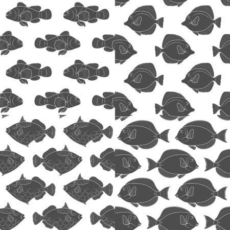 Set of seamless patterns with the image of tropical fish. Black and white vector background.のイラスト素材