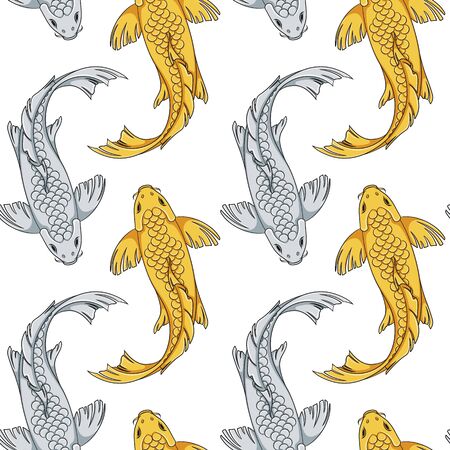 Seamless pattern with gold and silver koi fish carps. Colored vector background.のイラスト素材