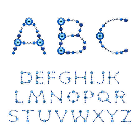 Alphabet from jewelry with the eye of fatima, beads, amulet. Set of isolated vector objects on a white background.のイラスト素材