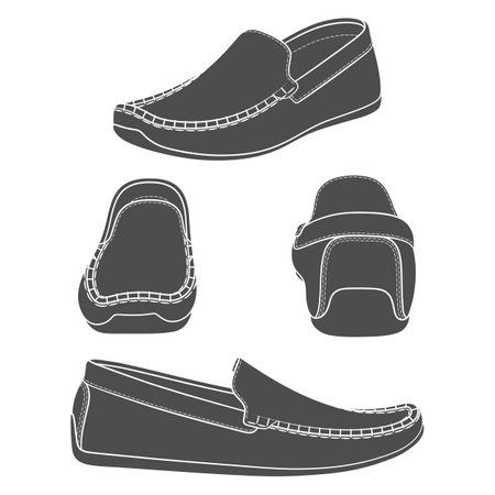 Set of black and white illustrations with shoes, moccasins. Isolated vector objects on a white background.のイラスト素材