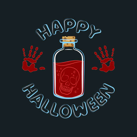 Vector illustration of Happy Halloween with skull in bottle. Isolated objects on a black background.のイラスト素材